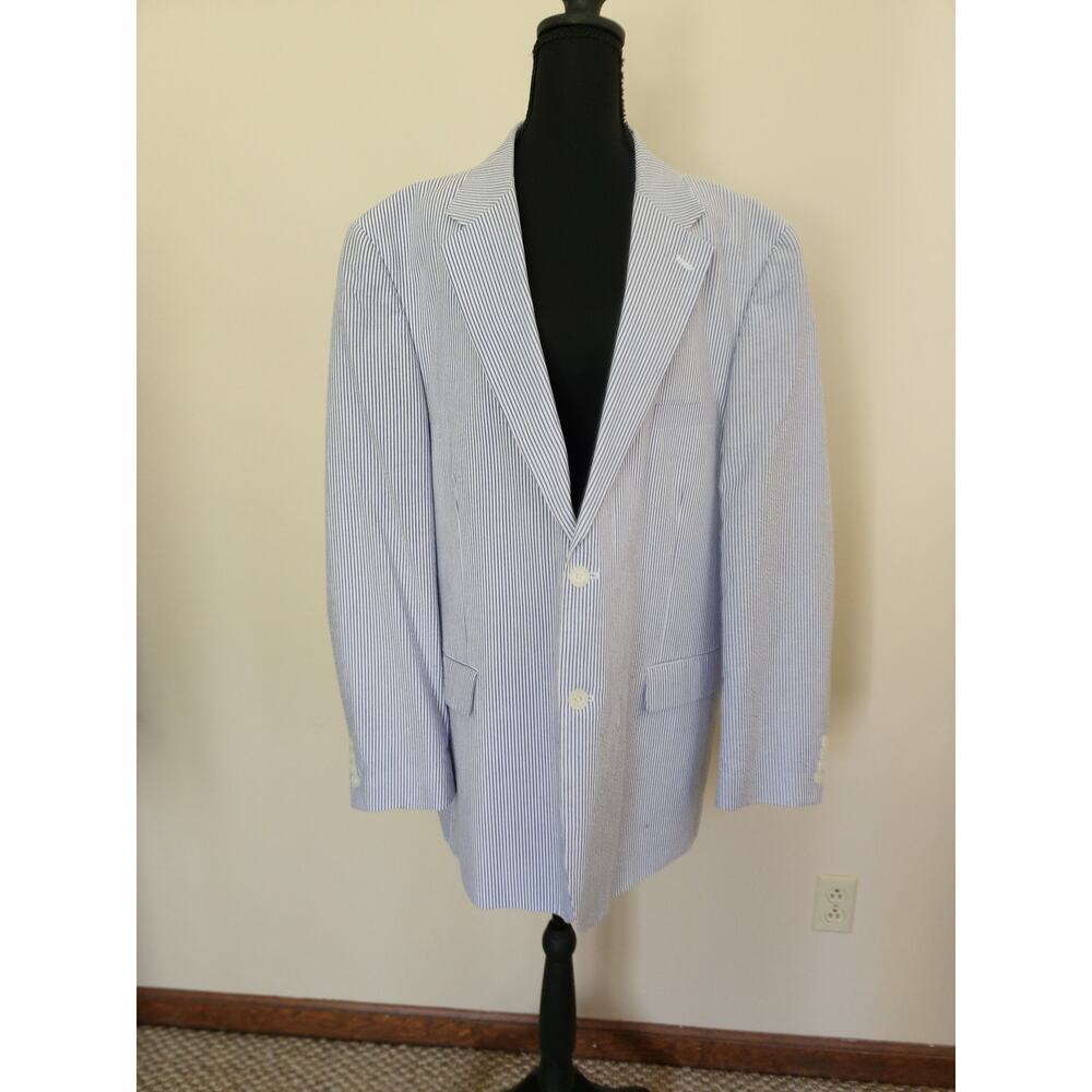 Vintage Mens 48 Regular Meeting Streets Seersucker Blue Stripe Blazer Preppy